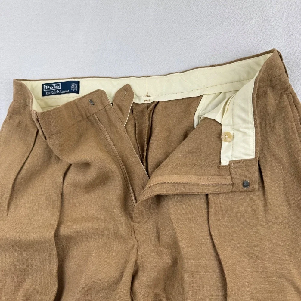 Vintage Polo Ralph Lauren Linen Trousers Mens 38x32 Tan Brown Pleated Cuff Pants